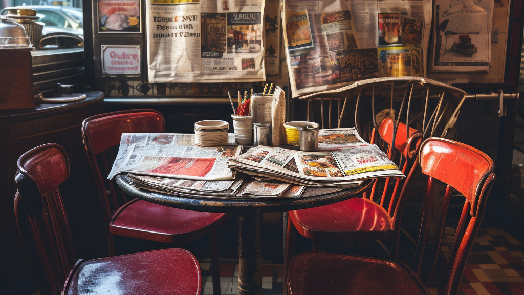 Cafe Tisch mit vielen Zeitungen